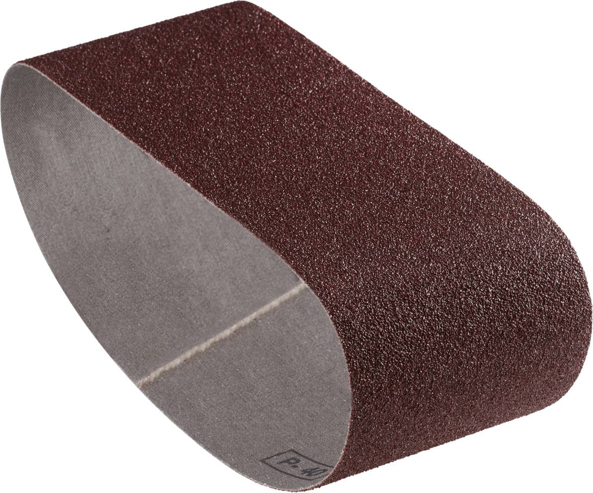 Brown sanding belt, oval-shaped, suitable for applications such as sanders or polishers.