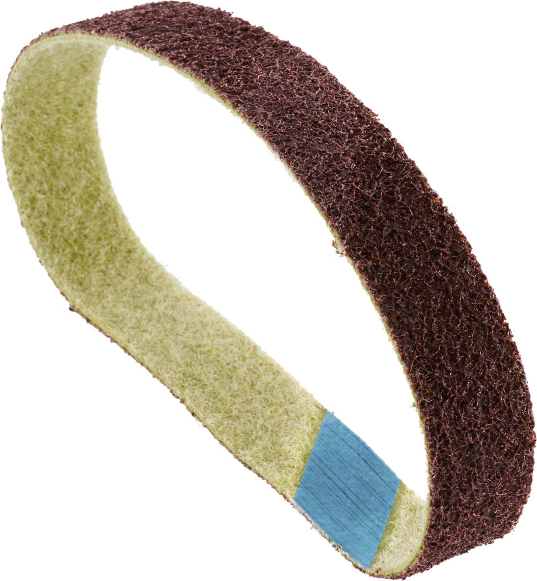A brown abrasive belt with a beige backing, for material processing.