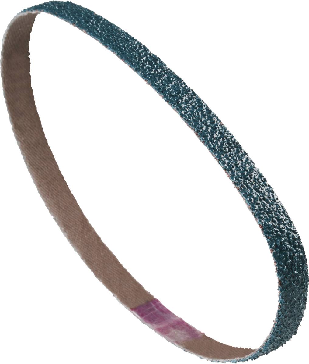 Sanding belt with a rough, blue surface seen in an oval shape, likely intended for grinding work on surfaces.