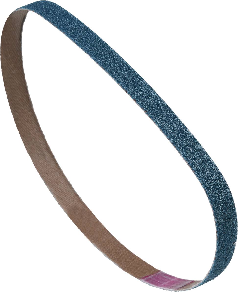 A sanding belt in an elliptical shape with a blue and brown side. Used for grinding surfaces.