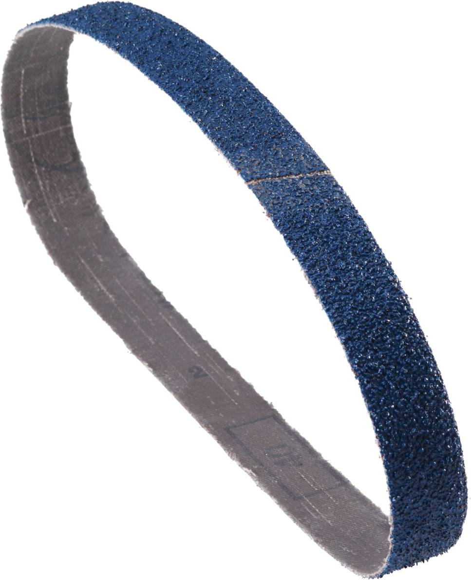 A blue sanding belt strip with a rough surface, ready for use on a belt sander, suitable for sanding work.