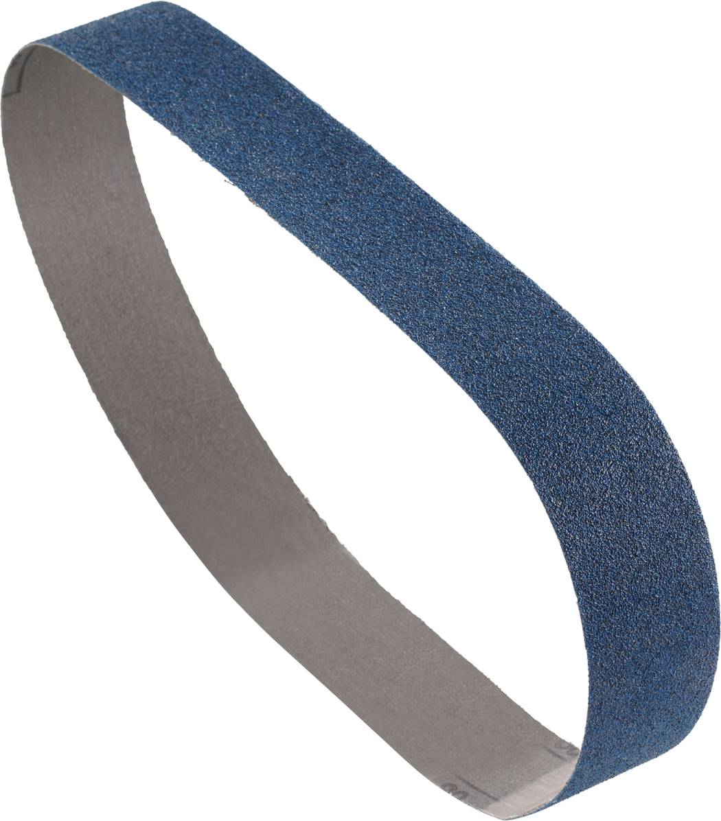 Sanding belt with blue, coarse grit for belt sander. Used for grinding and smoothing surfaces.