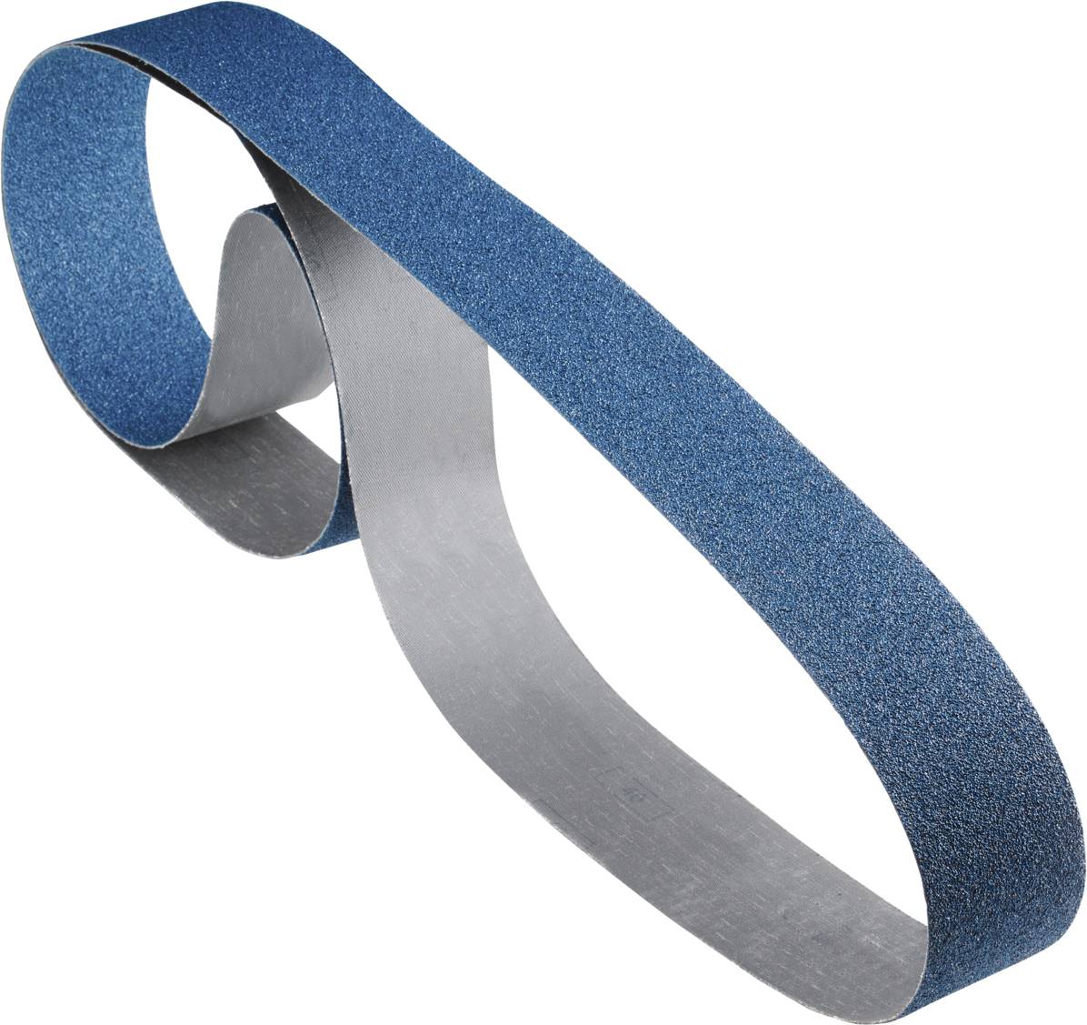 A blue sanding ribbon that is flexibly bent in a loop. It shows the grain of the sanding surface.