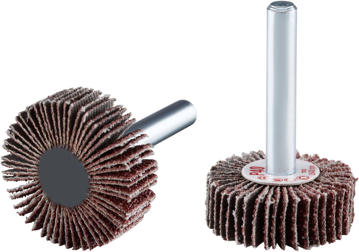 Flap discs with laminated structure and metal pin for mounting, suitable for precise grinding in craft applications.