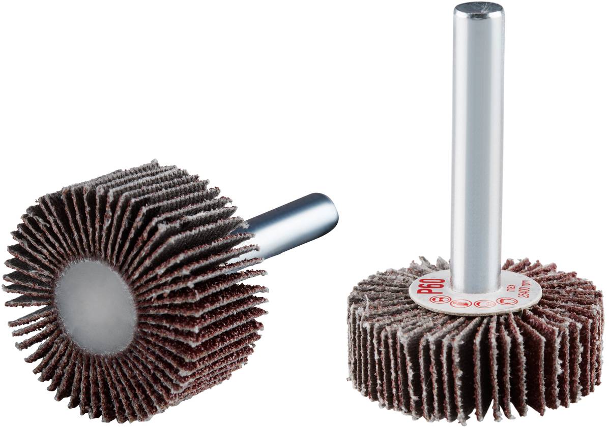 Two grinding tools with cylindrical shafts, comprising multiple grinding discs. They are used for surface machining.