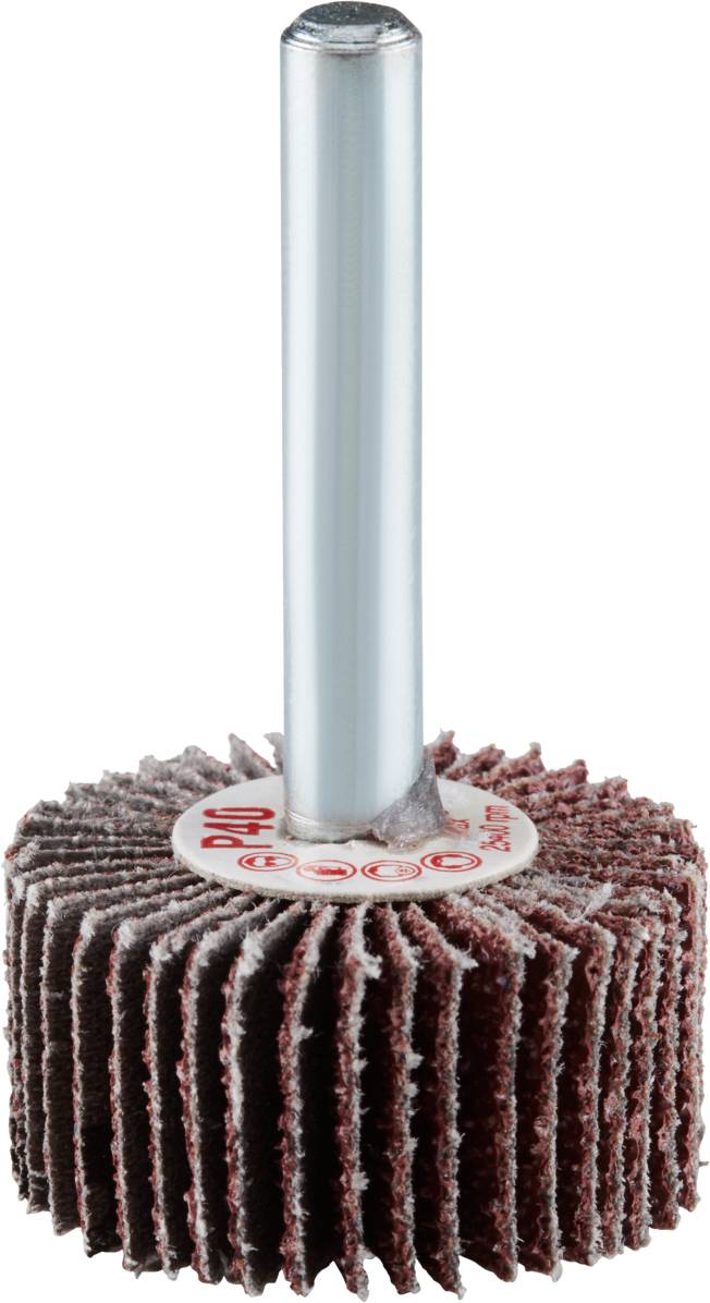 Flap wheel with steel carrier and rust-brown lamellae, used for fine machining and surface finishing in metalworking.
