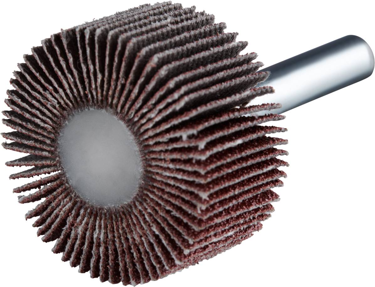 Sanding attachment with fan-shaped lamellas for drill machines, used for polishing and processing materials.<br><br>Flap disc attachment for drill machines, used for polishing and finishing materials.