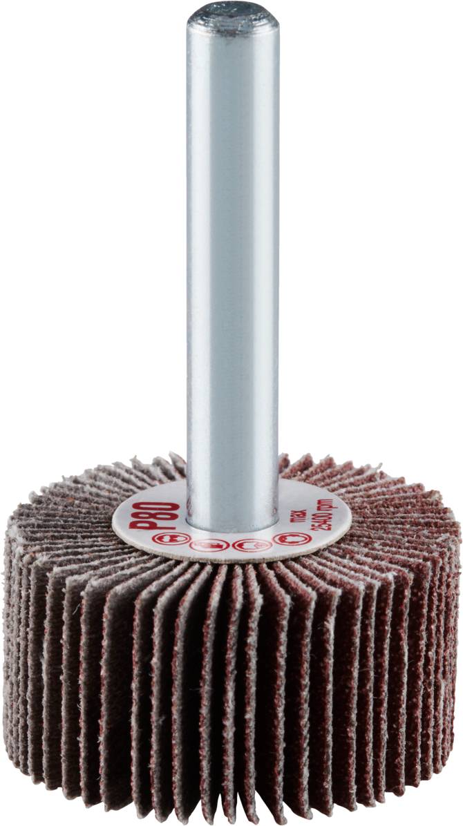 Grinding attachment with a cylindrical shaft and radially arranged grinding lamellas, suitable for fine surface finishing.