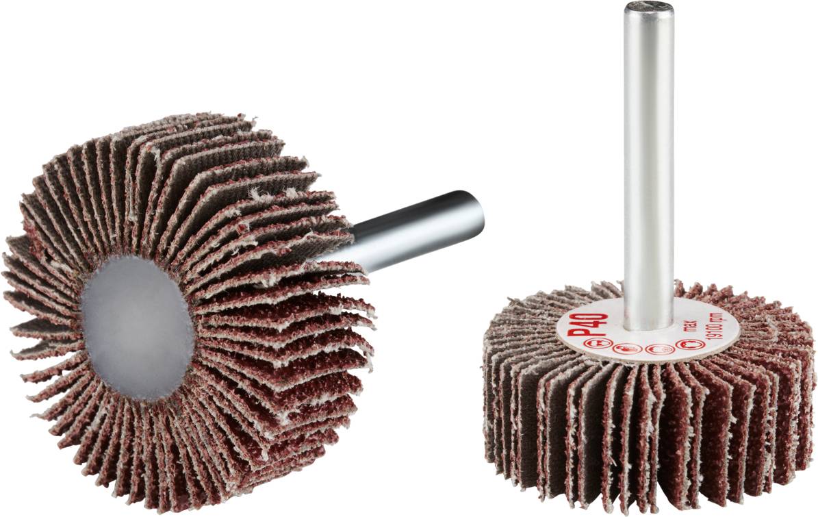 Two lamellar grinding attachments with handle, one standing, the other lying down, grit P40. Suitable for grinding metal surfaces.