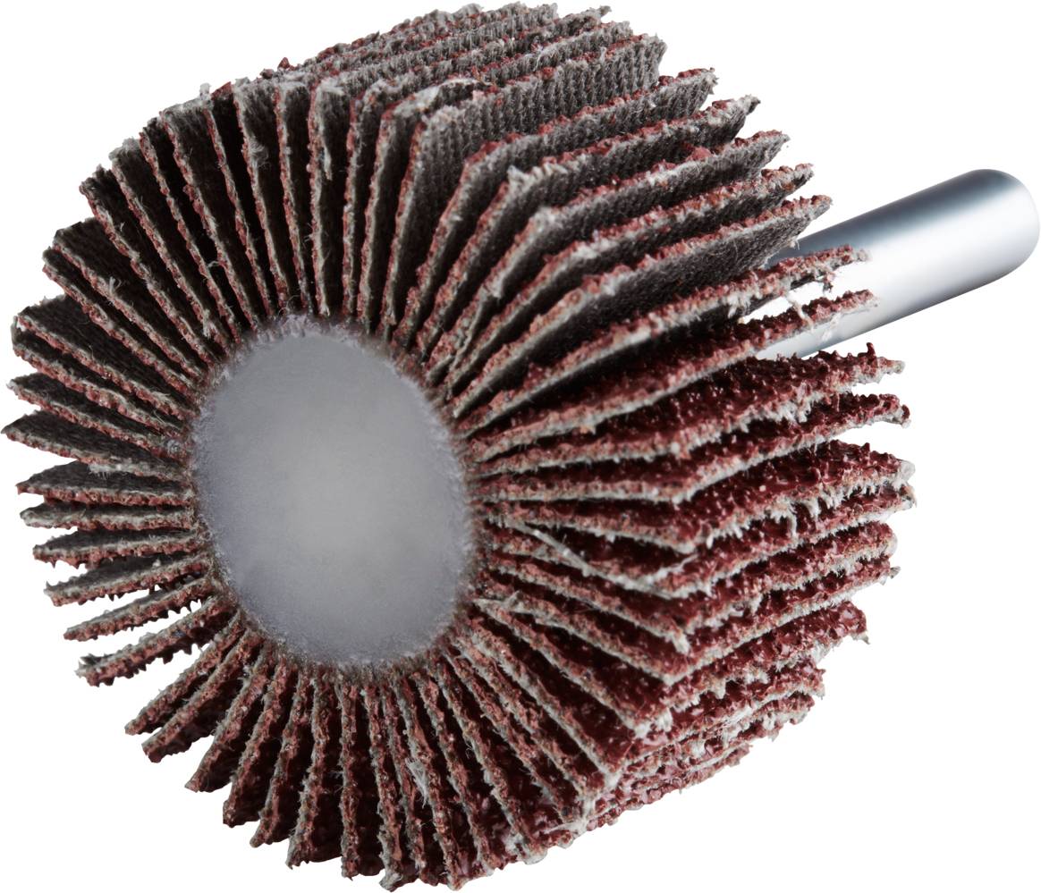 Sanding mop with rust-brown lamellae, cylindrical, mounted on a metal shaft. Used for grinding and polishing surfaces.