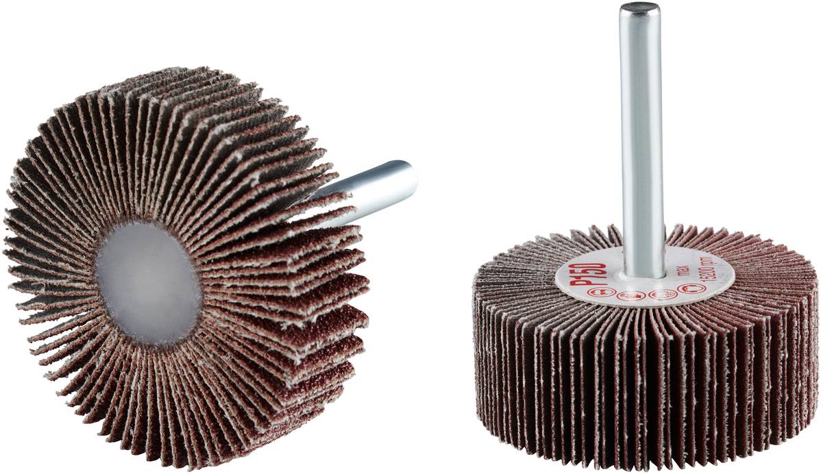 Two abrasive flap wheels with sandpaper arranged radially around a metal axle. One shows the side view, the other the front view.