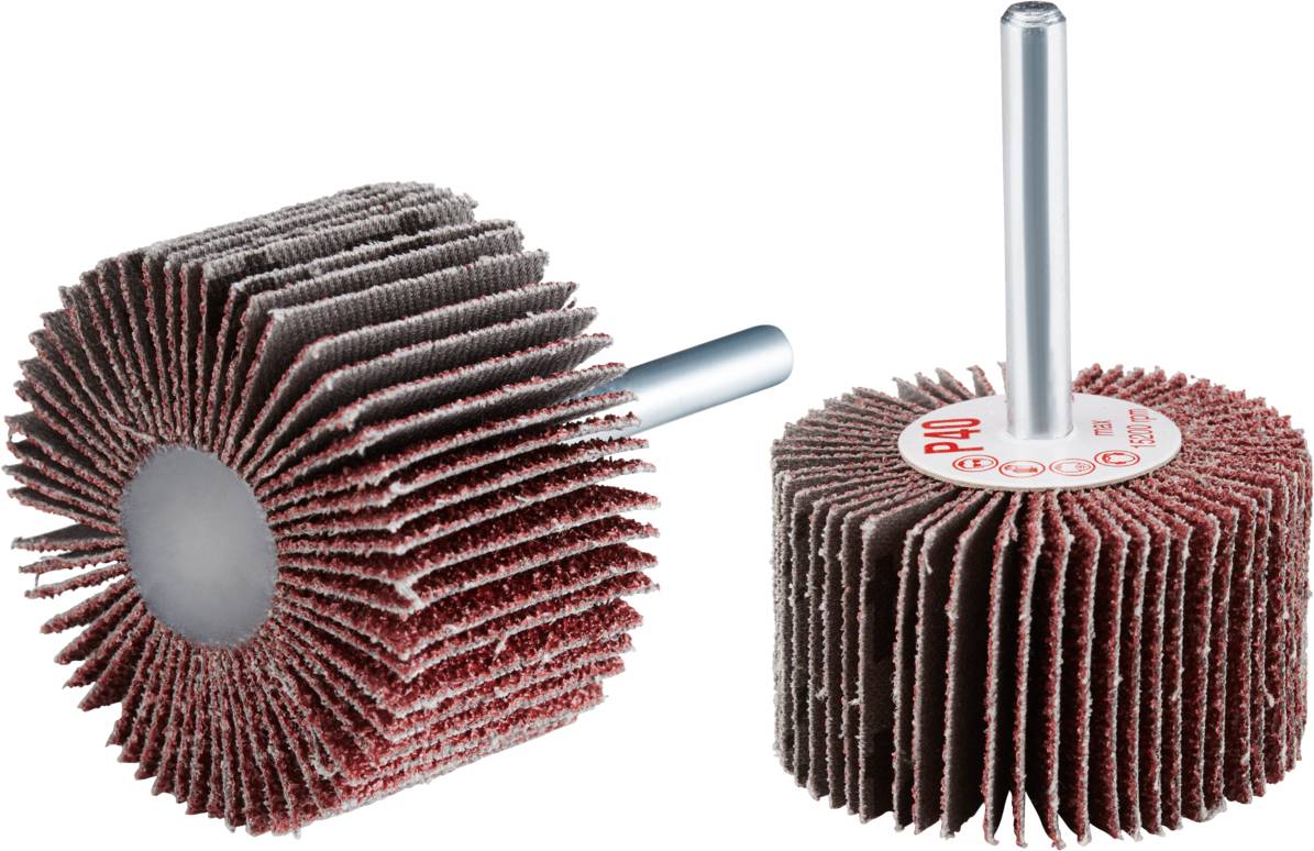 Two grinding tools with abrasive flaps and a metallic shaft for drill machine attachments, in vertical and horizontal positions.