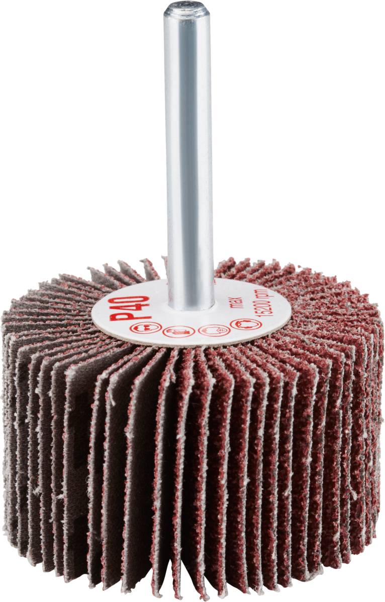 Grinding wheel with red grinding lamellae and a metal rod in the centre. Used for smoothing surfaces in craftwork.