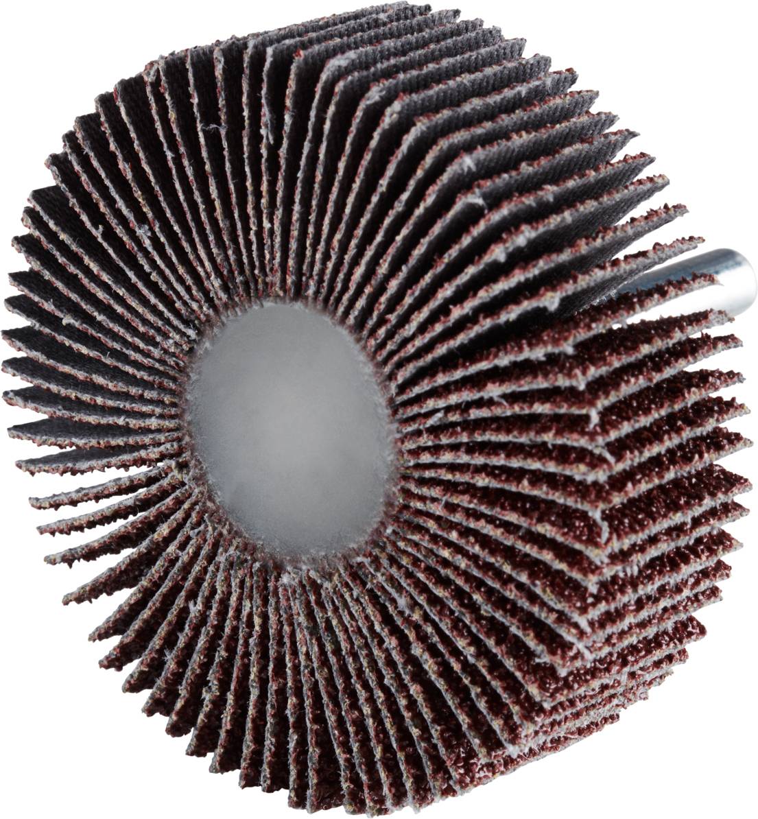 Grinding mop with multiple layers of abrasive material, mounted on a red disc, for surface treatment of metal.