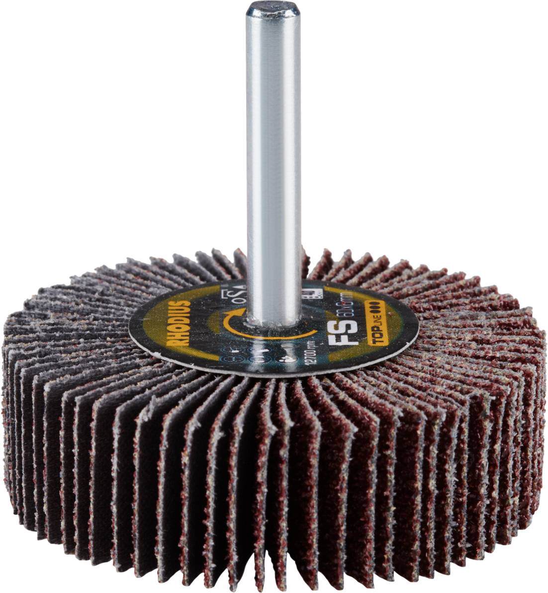 Grinding wheel with steel pin, consisting of multiple grinding lamellae, suitable for polishing and grinding metal surfaces.