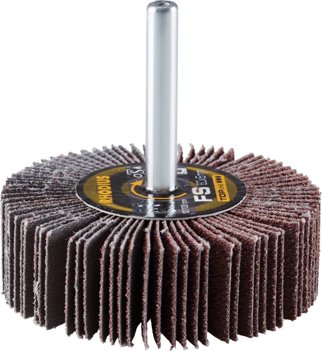 Flap mop with a cylindrical shaft and radially arranged abrasive flaps, suitable for machining metal surfaces.