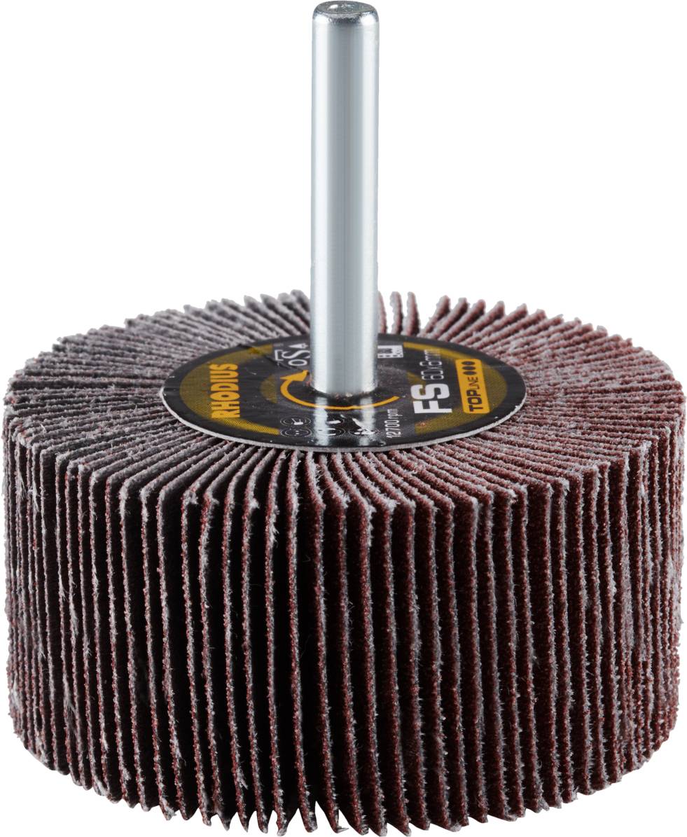 A buffing mop with multiple lamellae arranged around a central axis. It is used for smoothing and polishing surfaces.