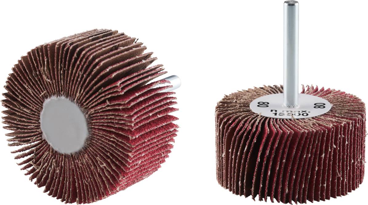 Grinding lamellas with metal shaft, rust-brown lamellas, against a white background. Left side view, right frontal view.