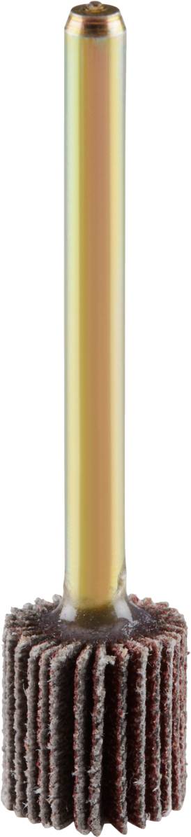 A rotating grinding attachment with a metal pin for a handheld tool. Used for fine surface finishing.