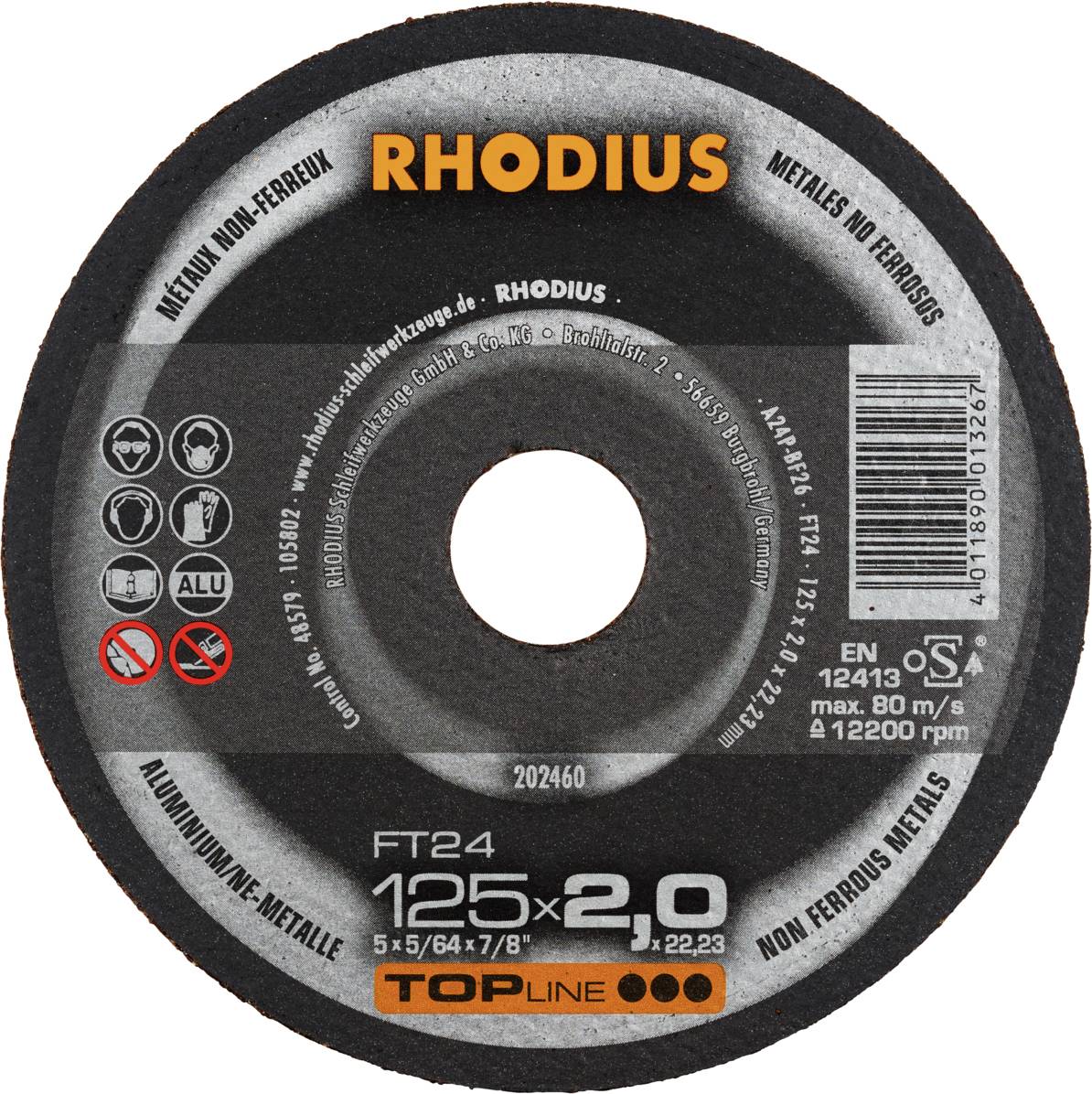'RHODIUS' Metal Cutting Disc, diameter 125 mm, thickness 2.0 mm. Suitable for aluminium and non-ferrous metals. Maximum rotational speed: 12,200 rpm.