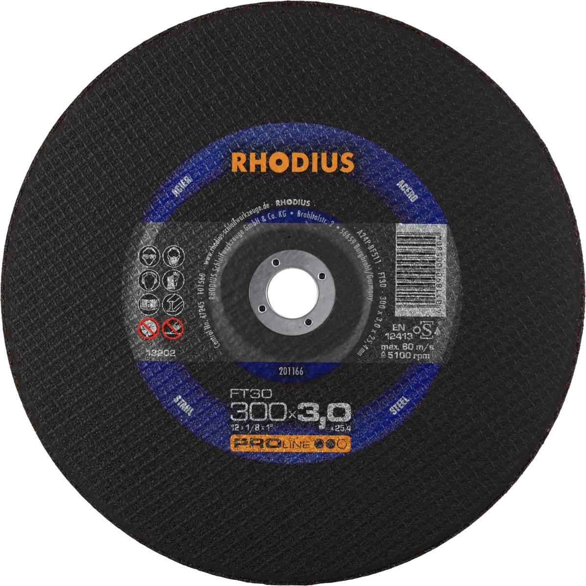 'RHODIUS FT30' Metal Cutting Disc, diameter 300 mm, thickness 3 mm, with speed and safety information.
