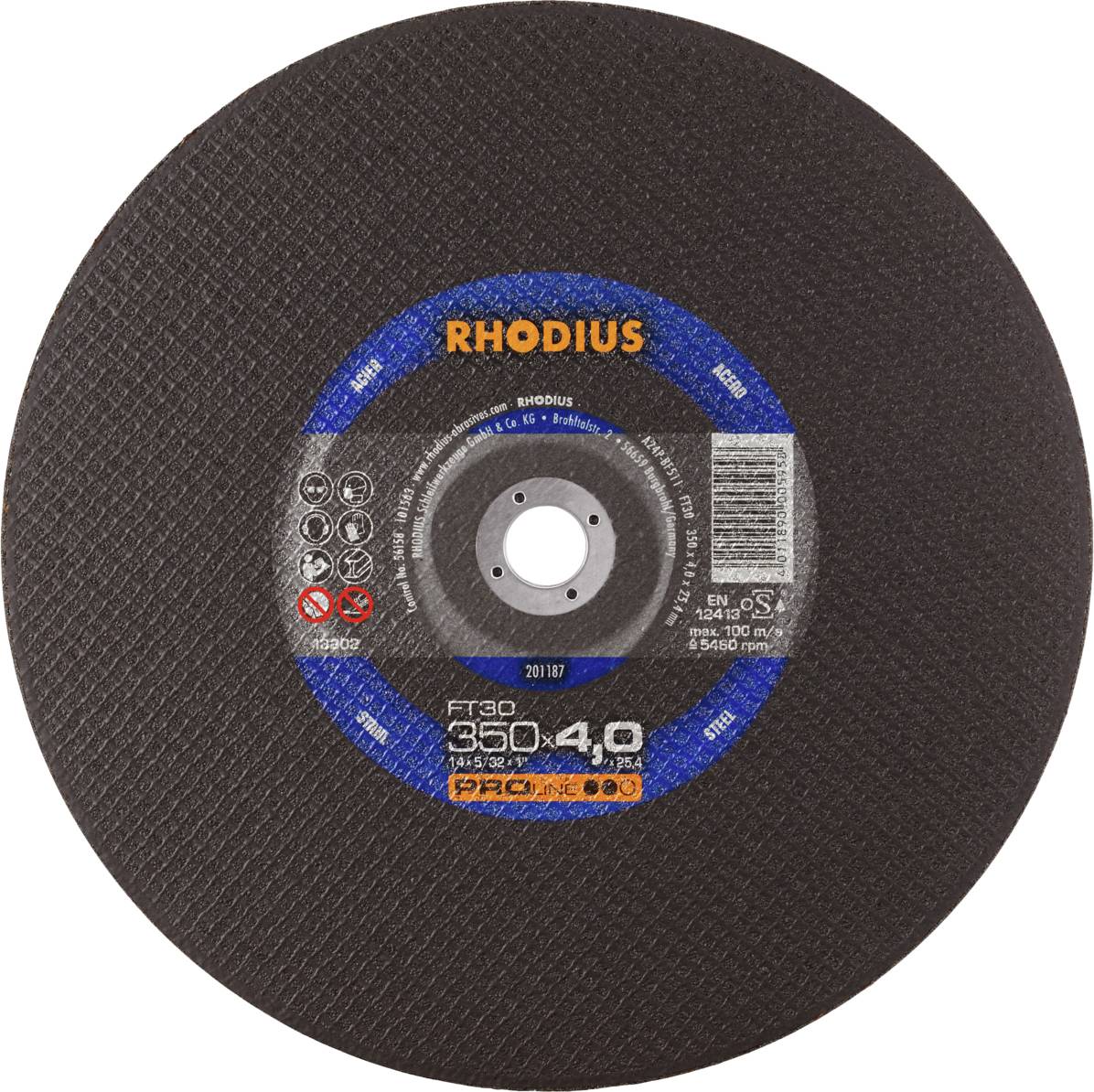 Black cutting disc with blue and orange labelling, displaying the 'Rhodius' brand logo and specifications for metalworking.
