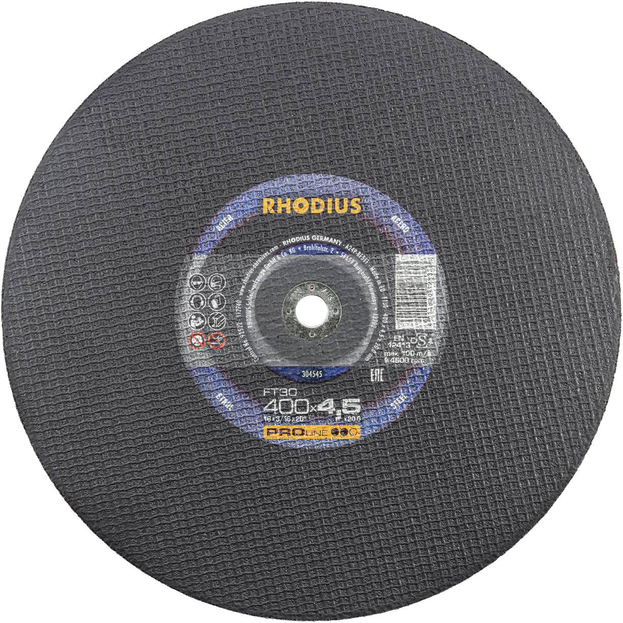 A Rhodius cutting disc, model PROline FT 360, diameter 400 x 4.5 mm, for metal cutting, maximum rotational speed 4,800 rpm.