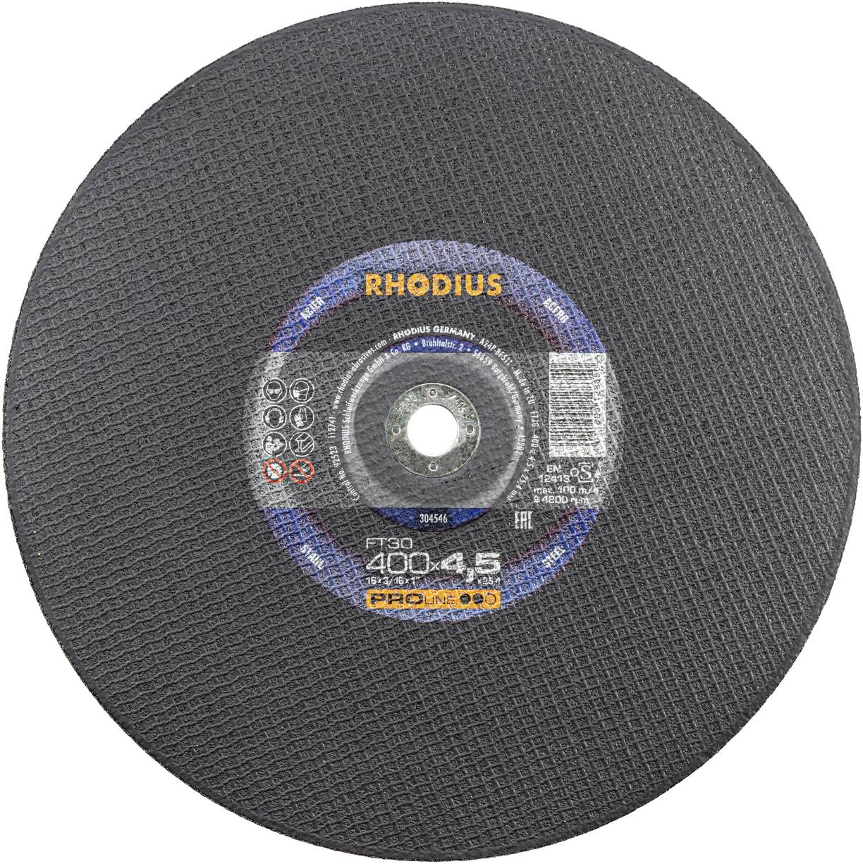 A round cutting disc by 'Rhodius', model P30, with dimensions of 400 x 4.5 mm, suitable for cutting metal.