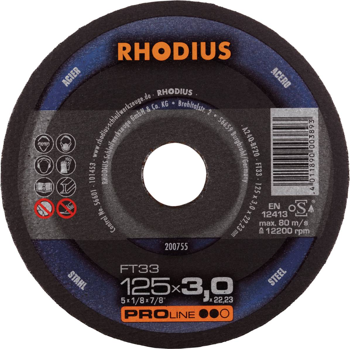 Rhodius grinding disc with the marking '125x3.0'. Suitable for steel, maximum speed 80 m/s, 12,200 rpm.