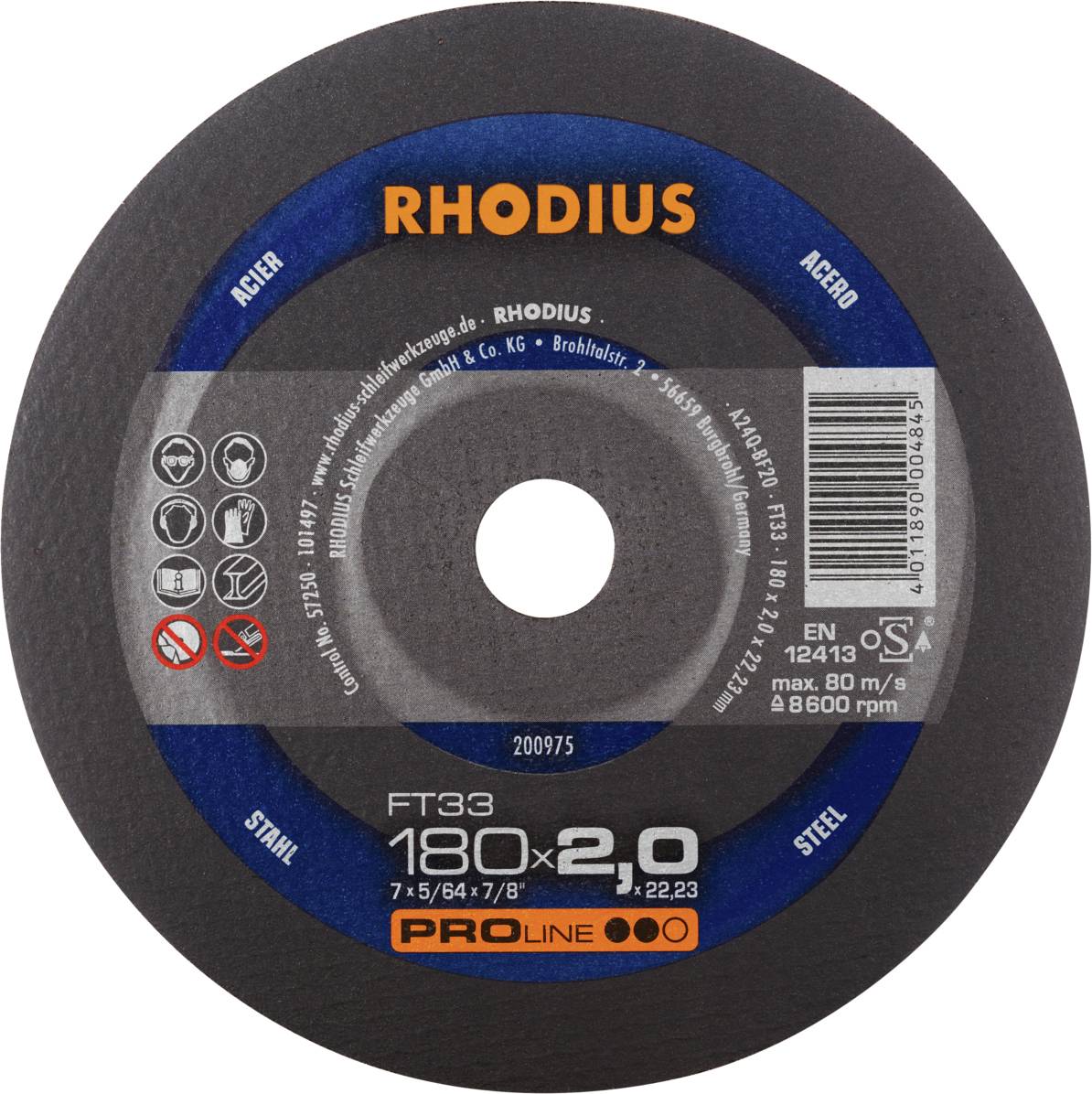 'RHODIUS' Grinding Disc for Steel. Size: 180x2.0 mm. Maximum 80 m/s at 8,500 rpm. Information symbols on the edge.