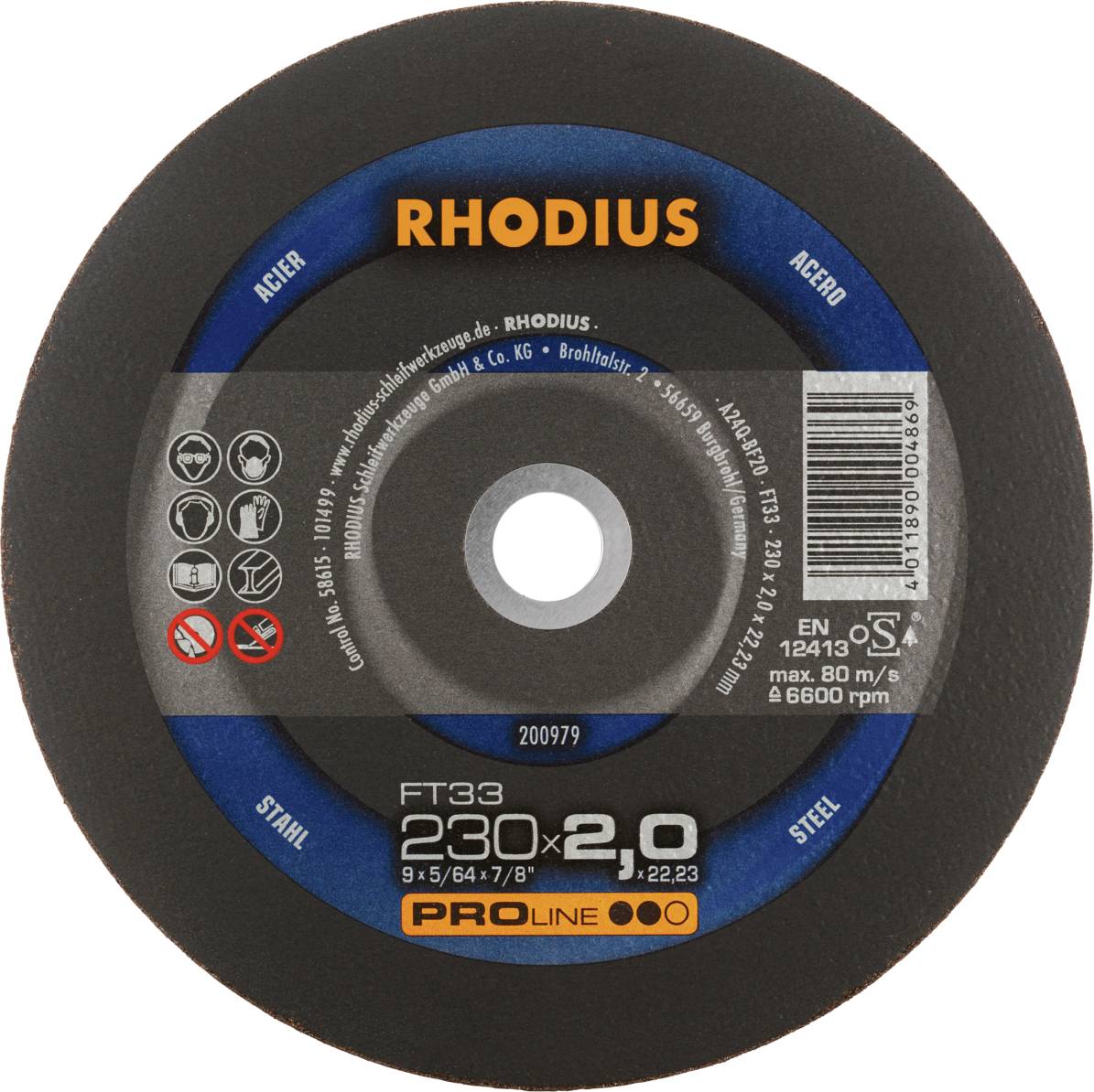 Grinding disc with 'RHODIUS' inscription, diameter 230 mm, thickness 2.0 mm, for steel and stainless steel, max. 80 m/s, EN 12413.