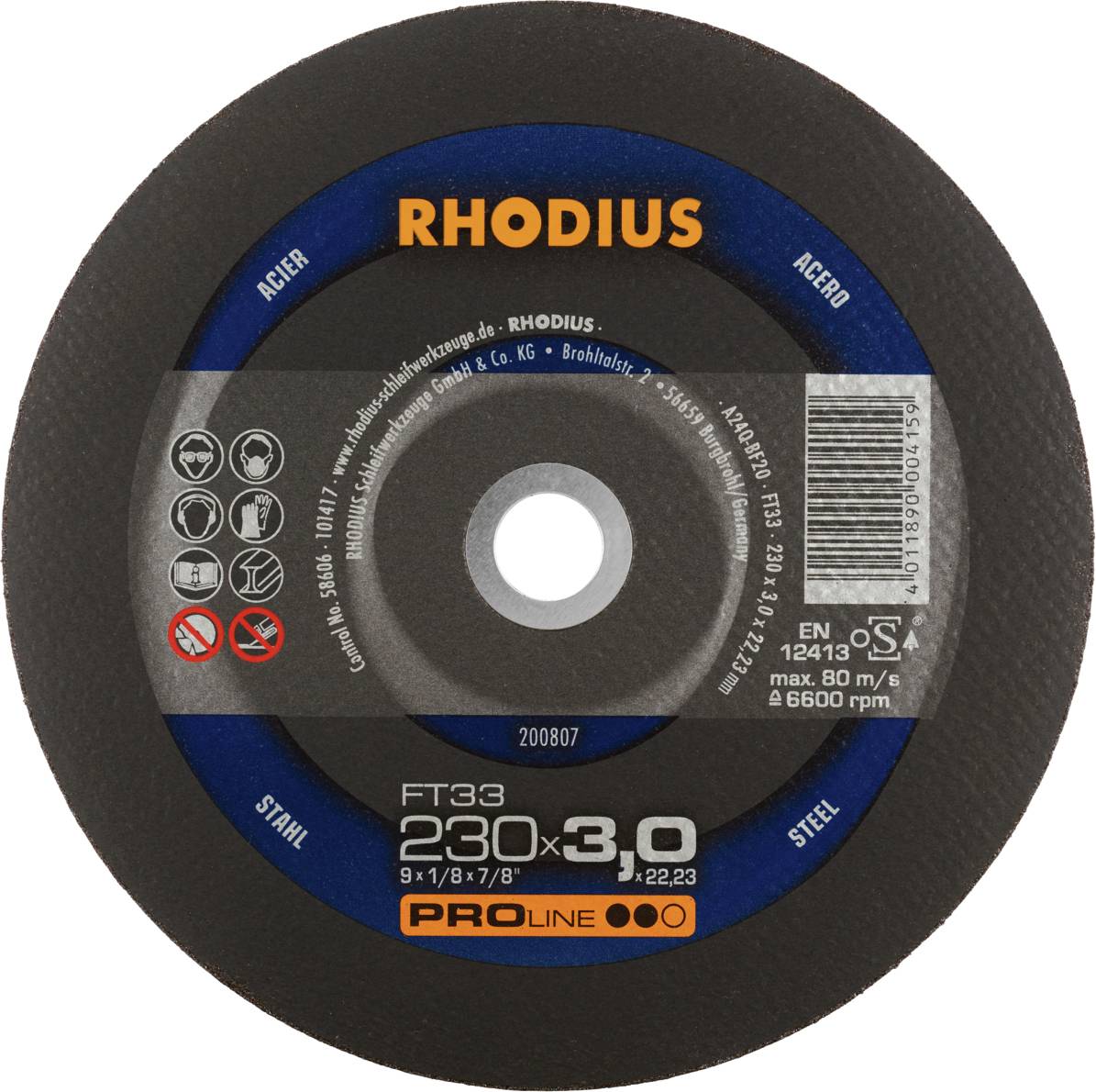 'RHODIUS' cutting disc, 230 x 3.0 mm, for steel and stainless steel. Contains pictograms for safety instructions and technical information.