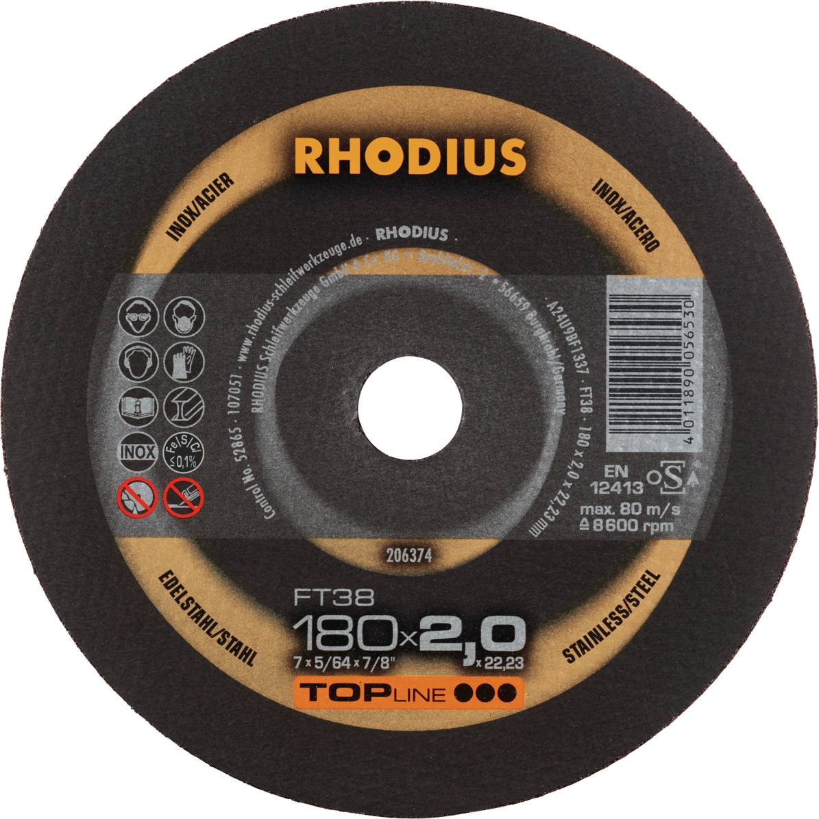 Grinding disc with 'RHODIUS' marking, diameter 180 x 2.0 mm, suitable for stainless steel and steel, max. 80 m/s, 8,500 rpm.