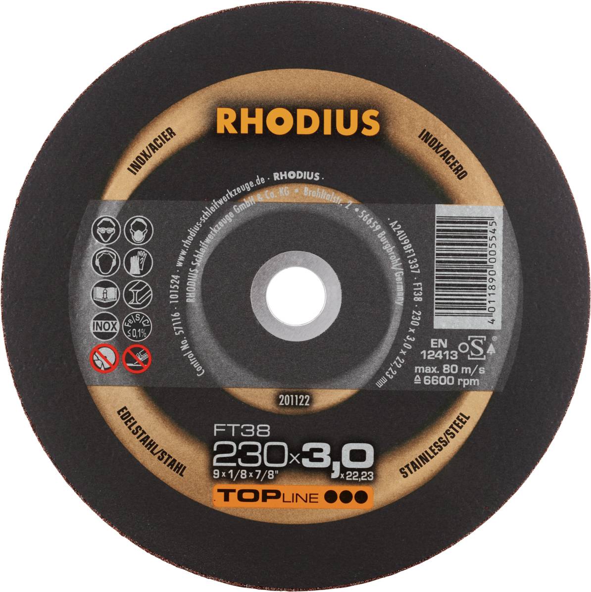 'RHODIUS' cutting disc for stainless steel, diameter 230 mm, thickness 3.0 mm. Markings for safety, manufacturer, and usage instructions.