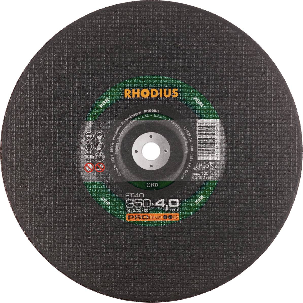 Eine schwarze Trennscheibe mit Aufschrift 'RHODIUS' und '350 x 4,0'. Geeignet für Metallbearbeitung. Sicherheits- und Leistungsinformationen gedruckt.