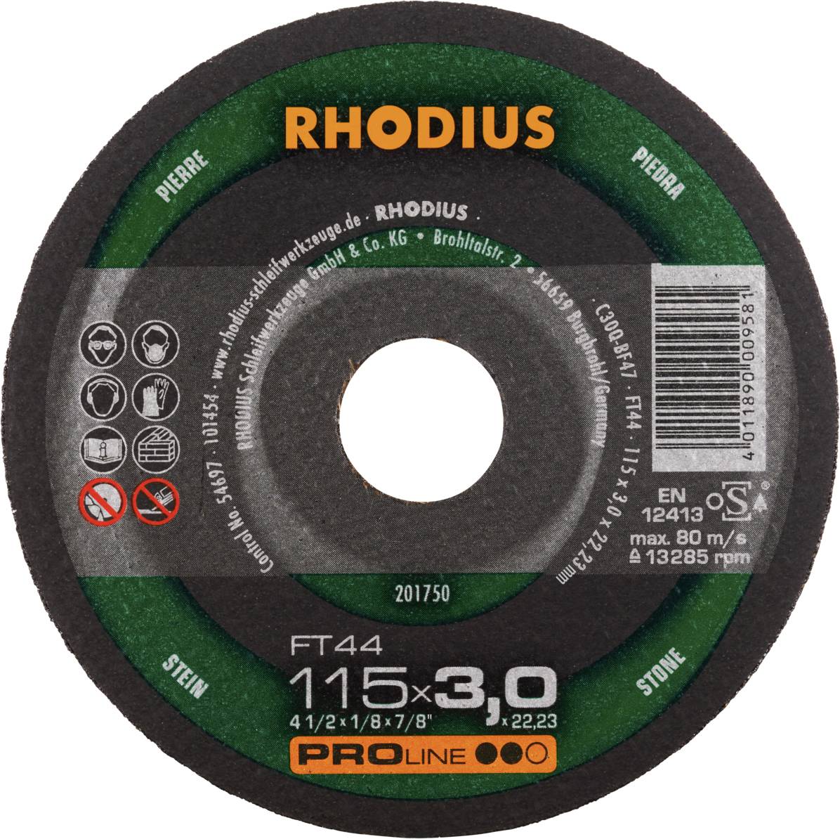 'RHODIUS' grinding disc for stone, diameter 115 mm, thickness 3 mm, max. 80 m/s, PRO LINE, FT44 model, product label and safety markings visible.