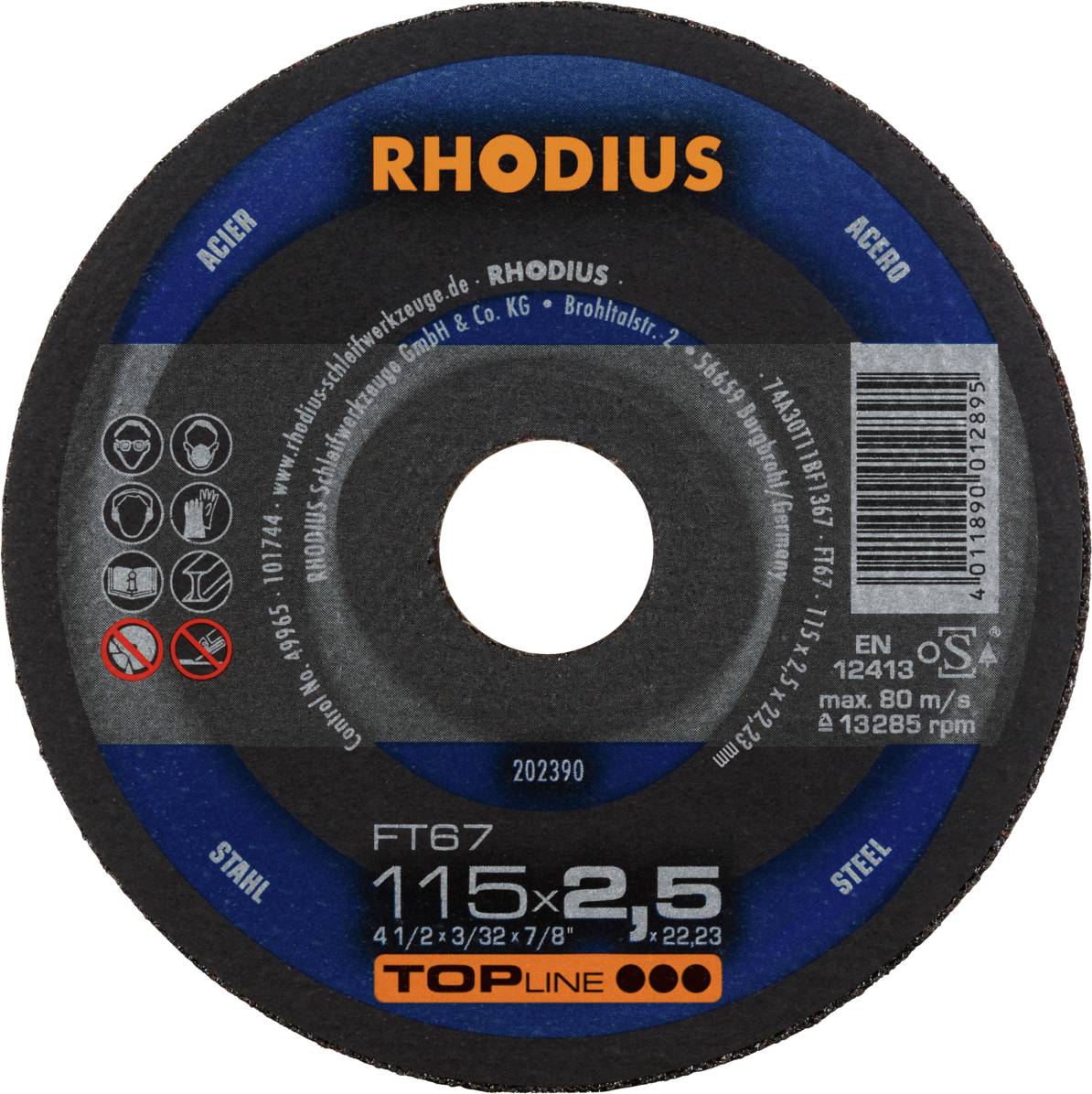 'RHODIUS Topline' Grinding Disc, diameter 115 mm, thickness 2.5 mm, suitable for steel, maximum speed 80 m/s at 13,285 rpm.