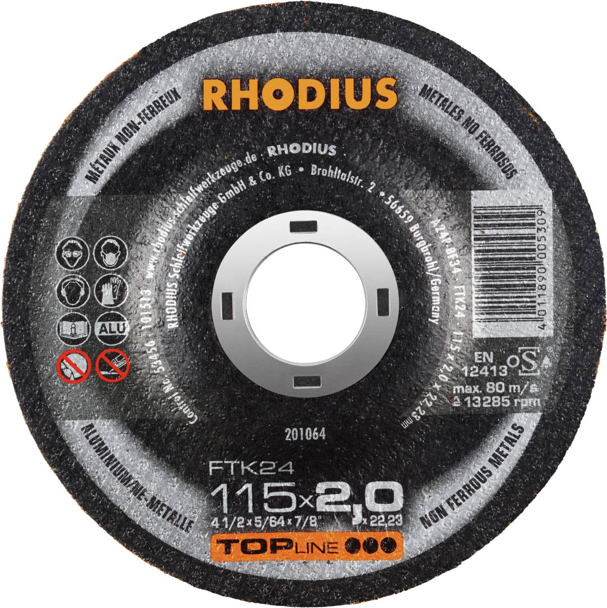 RHODIUS Cutting Disc, 115 mm diameter, Metal/Ferrous, FTK24, max. 80 m/s, for Metal Machining, Barcode on right