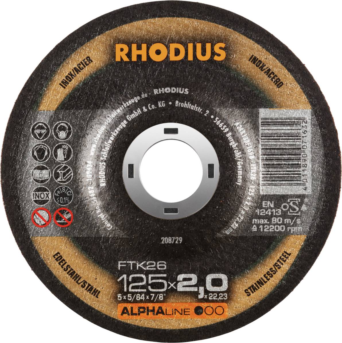'RHODIUS' Grinding Disc for Stainless Steel, Diameter 125 mm, Thickness 2 mm, Maximum Speed 12,200 rpm, Suitable for Inox, with EN 12413 Certification.