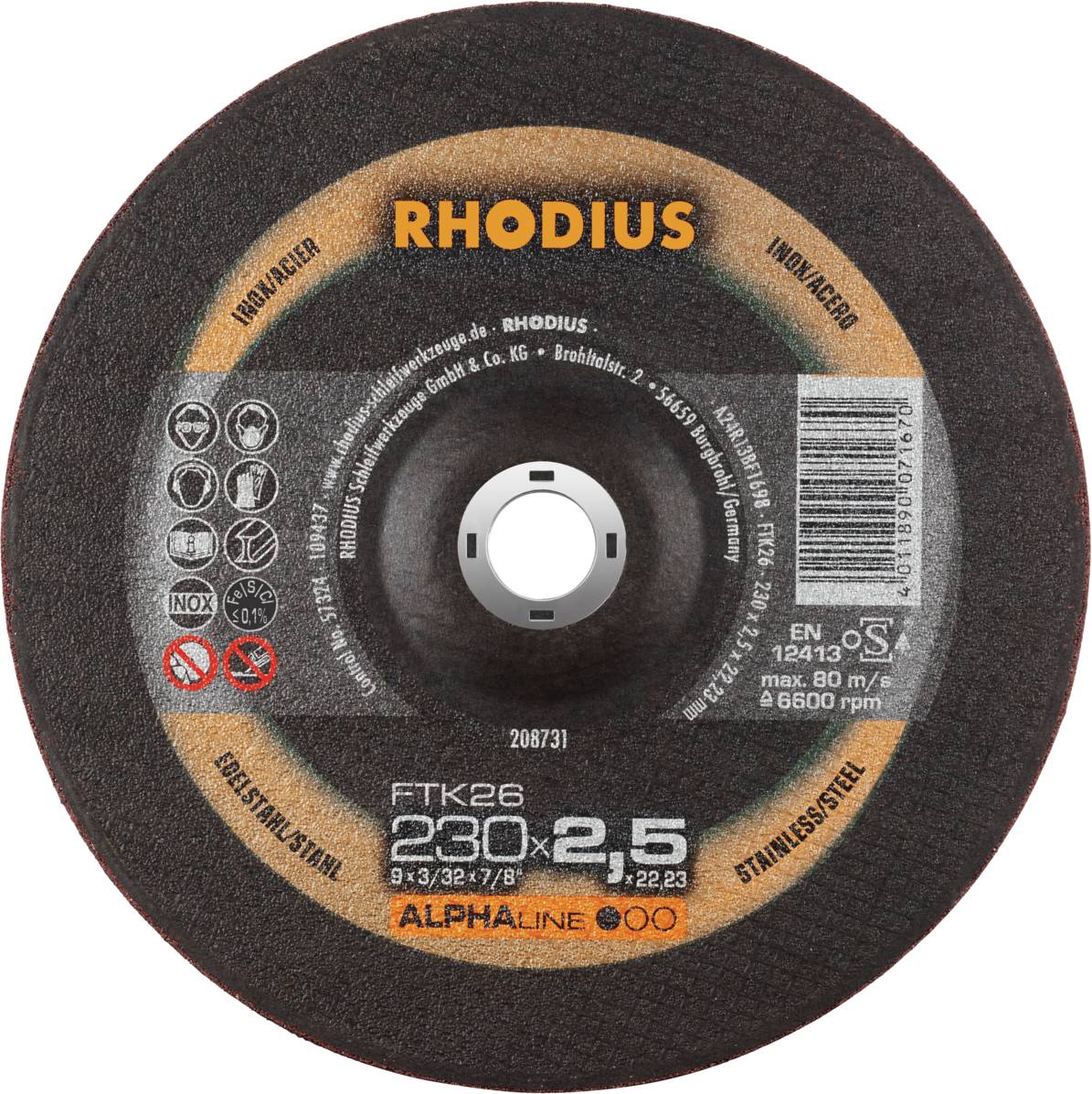 Grinding disc with 'RHODIUS' inscription, diameter 230 mm, suitable for steel/stainless steel, speed limitation 80 m/s, maximum 6600 rpm.