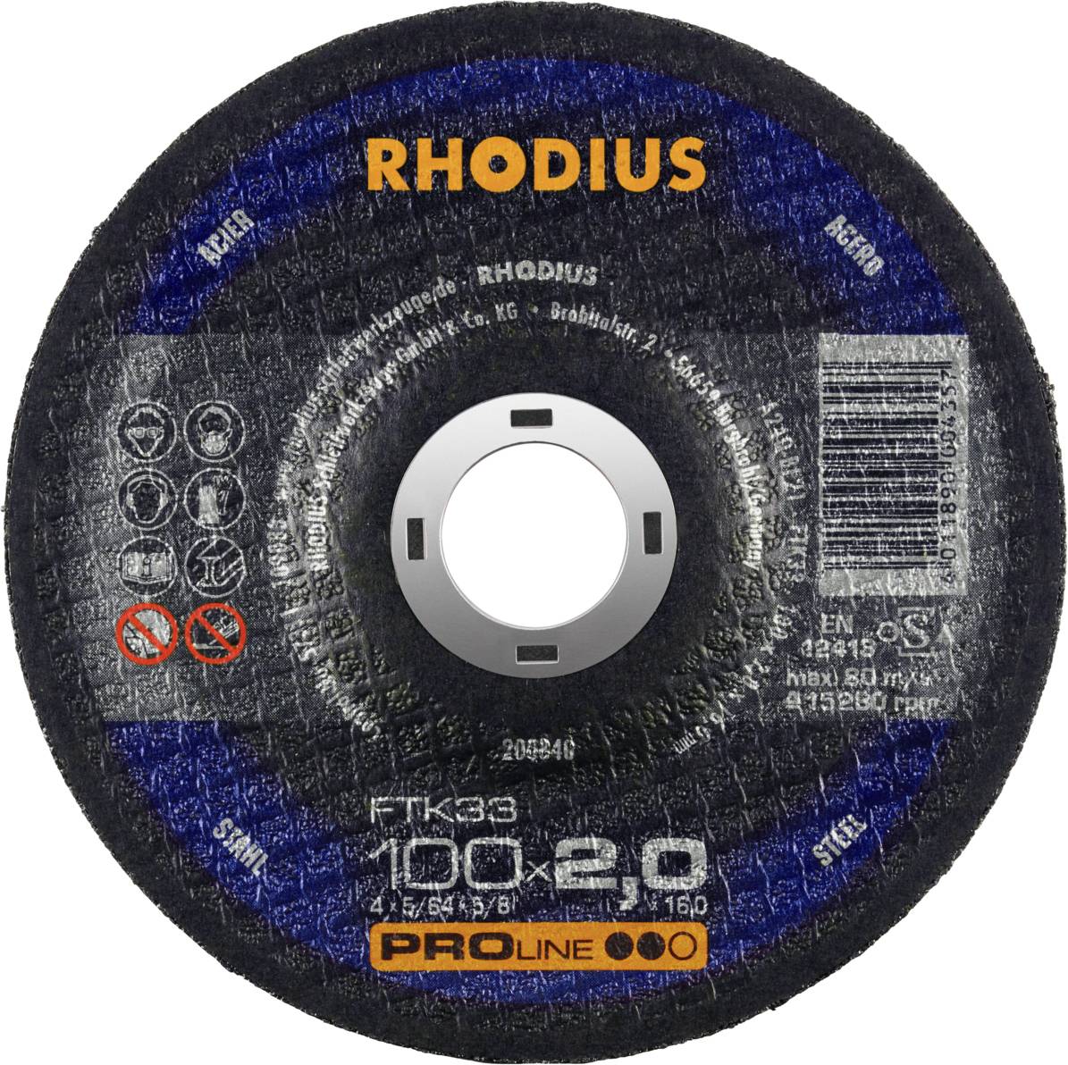 Grinding disc with 'Rhodius' label, 100 mm diameter, 2.0 mm thick. Suitable for cutting steel.