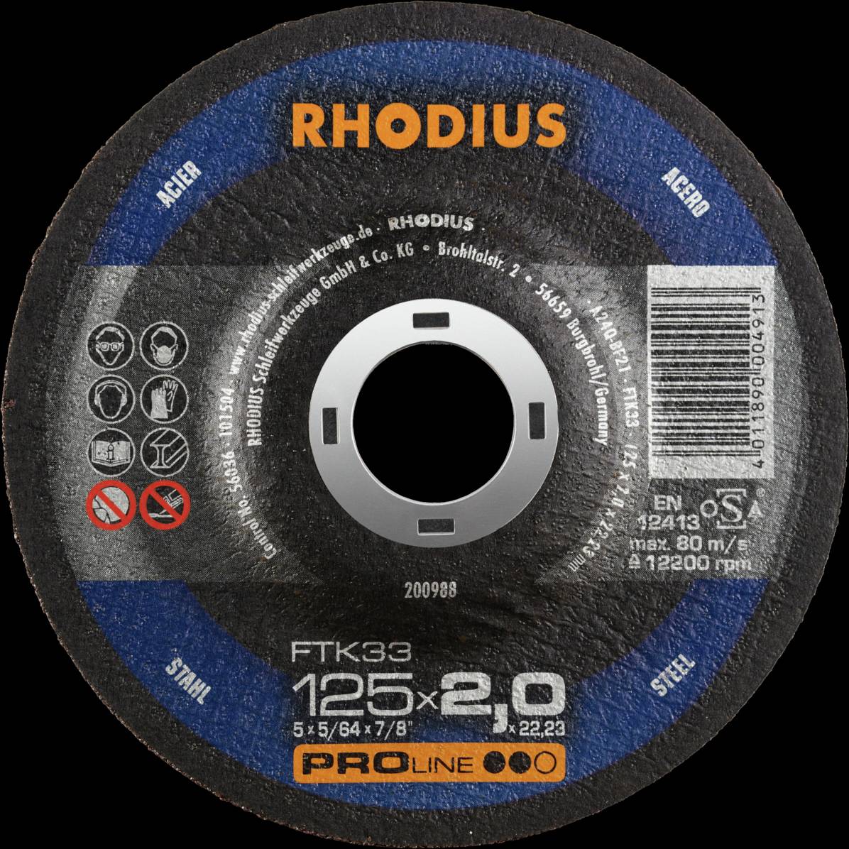 'RHODIUS' Cutting Disc for Steel. Diameter 125x1.0 mm. Maximum Speed 12,200 RPM. Contains Symbols for Safety Instructions.