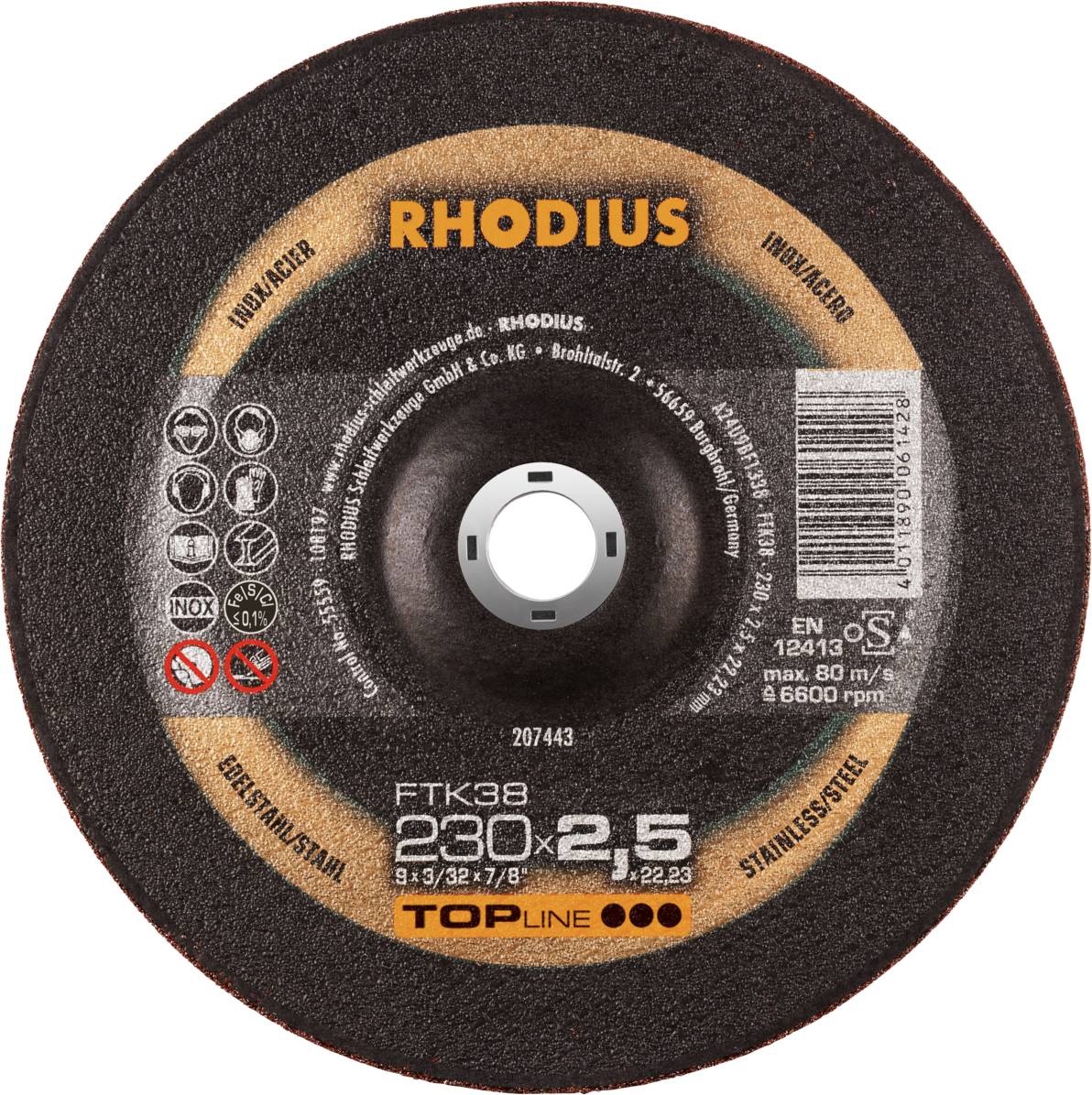Grinding disc with 'Rhodius' inscription. Diameter 230 mm, thickness 2.5 mm. Suitable for stainless steel, max. 80 m/s.