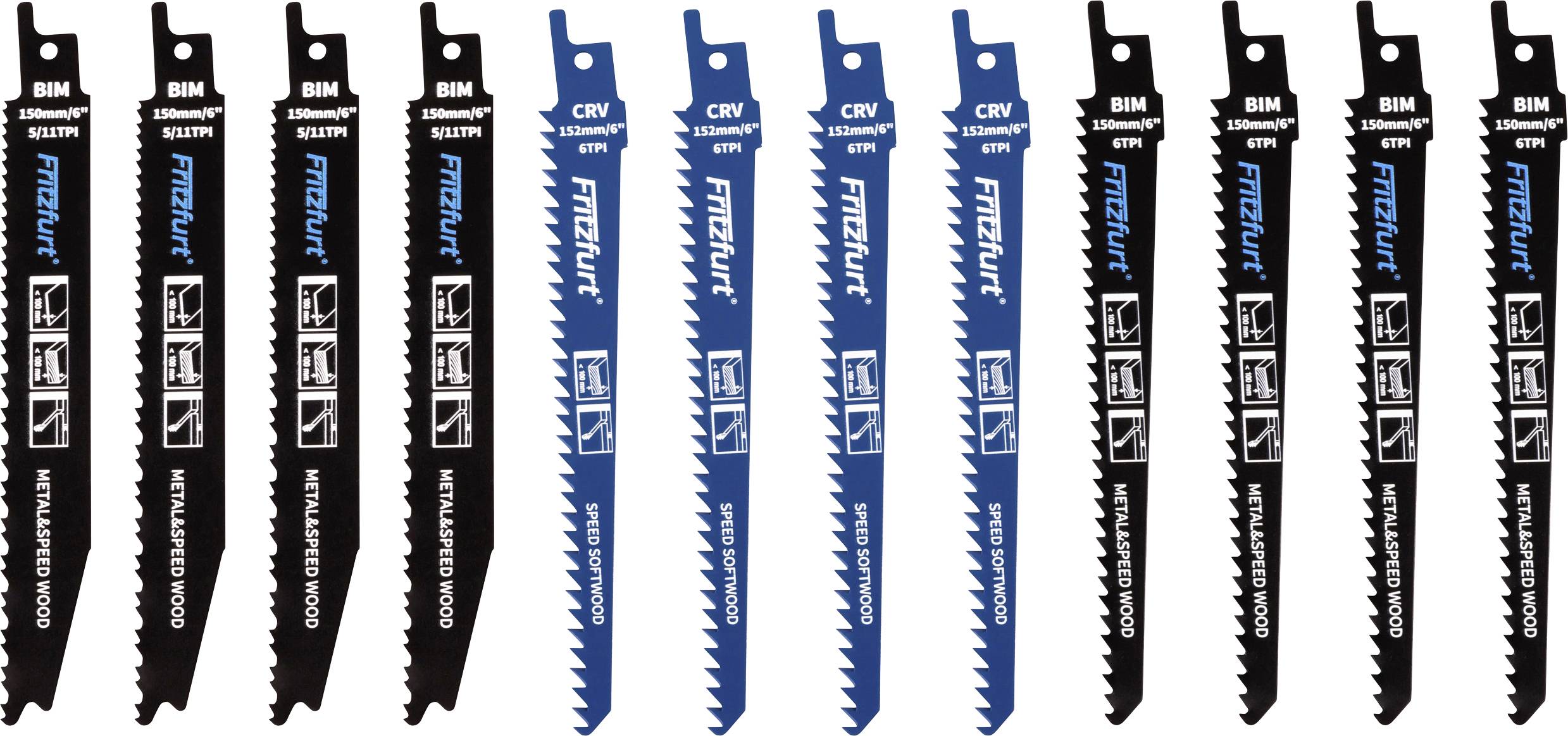 A row of reciprocating saw blades in black and blue variants, each marked with product information, suitable for cutting different materials.