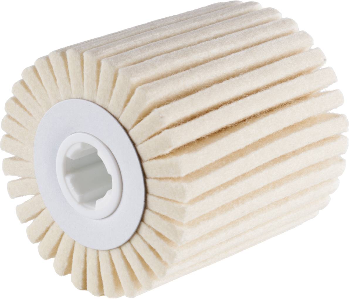 A beige, cylindrical filter with a pleated structure, commonly used for water or air purification.