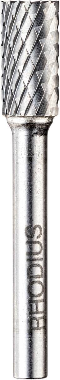 A cylindrical metal milling pin with a spiral pattern and the inscription 'RHODIUS'. Used for grinding and milling in metalworking.