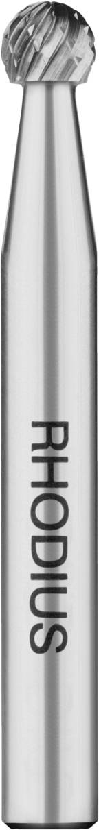A cylindrical metal tool with the inscription 'Rhodus' on the side. The upper end has a ribbed pattern.