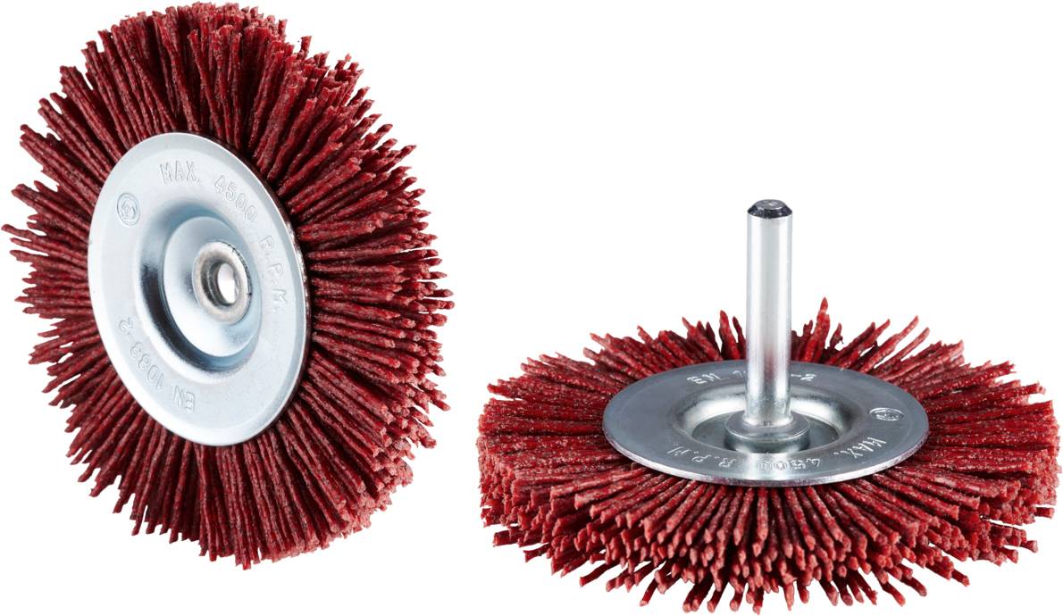 Two red wire brushes with metal core; one positioned sideways, the other frontal with handle. Used for removing rust or paint.
