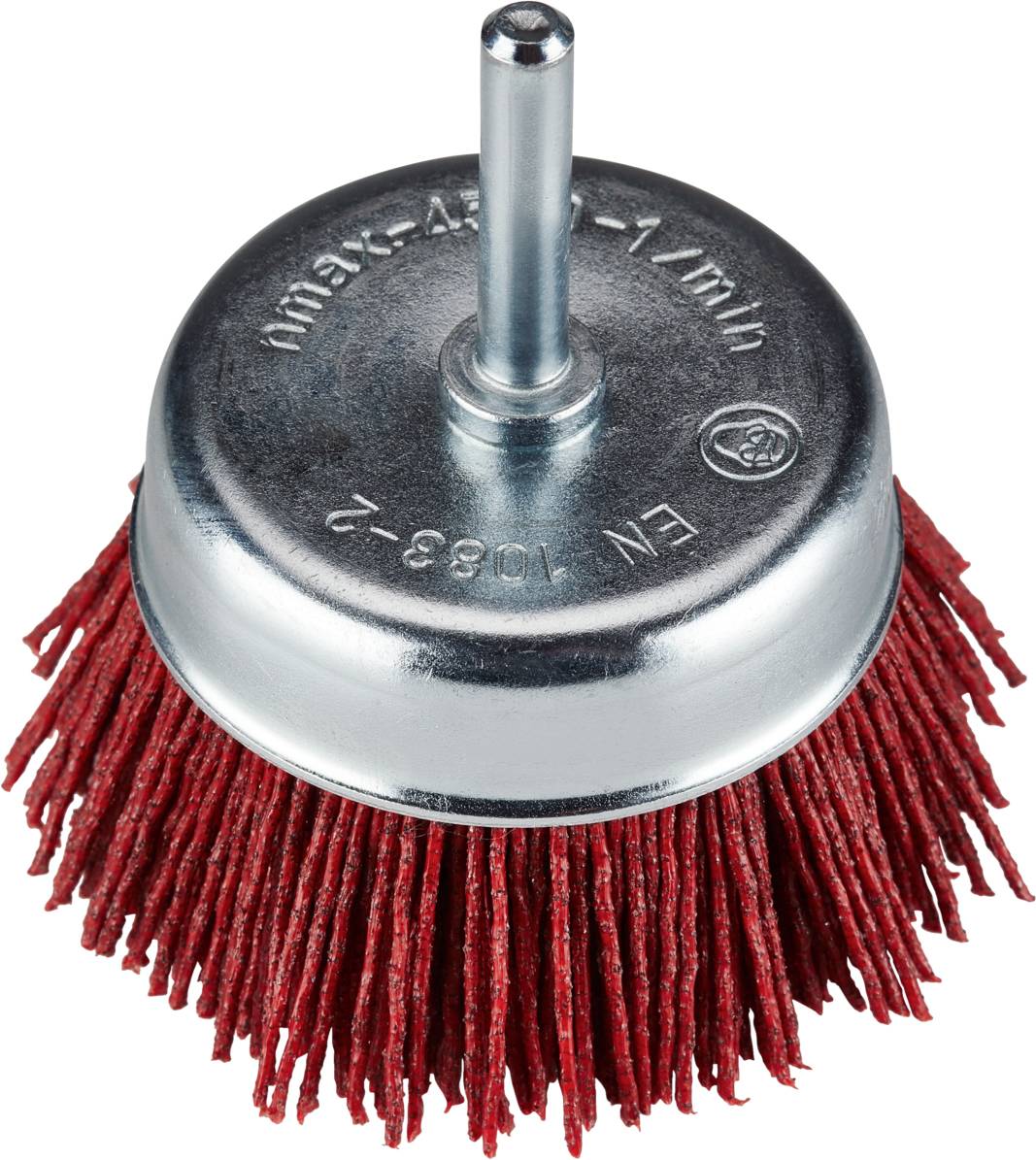 Wire brush attachment in red and silver, cylindrical with bristles. Accessory for drills used for surface cleaning and material removal.