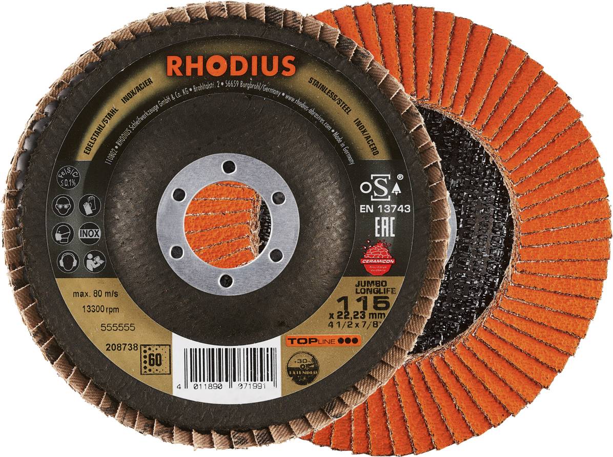 'RHODIUS' grinding disc, max. 80 m/s, 125x22.23 mm. Suitable for metal machining, with 60-grit and 13,300 rpm.